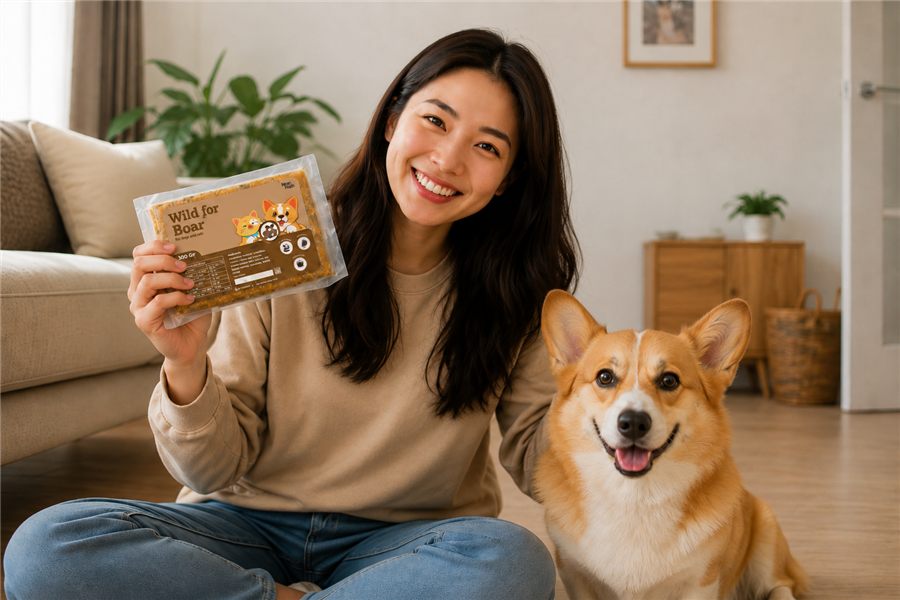 Pawrent memegang meal pack Nomnosh bersama anjingnya